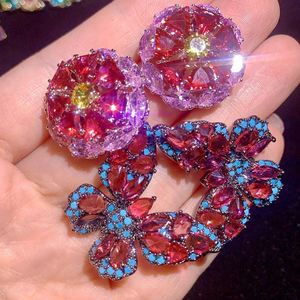 Boucles d'oreilles pendantes en alliage de cuivre, style vintage de luxe, avec breloques fleur en cristal coloré, pompon et strass, plaqué or 18K - Product Image 3
