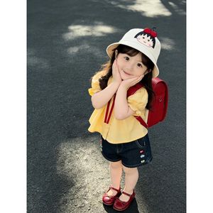 Chibi Maruko-chan Girls Summer Set Babydoll Top Denim Shorts Two-Piece Breathable Outfit For Kids - Product Image 1