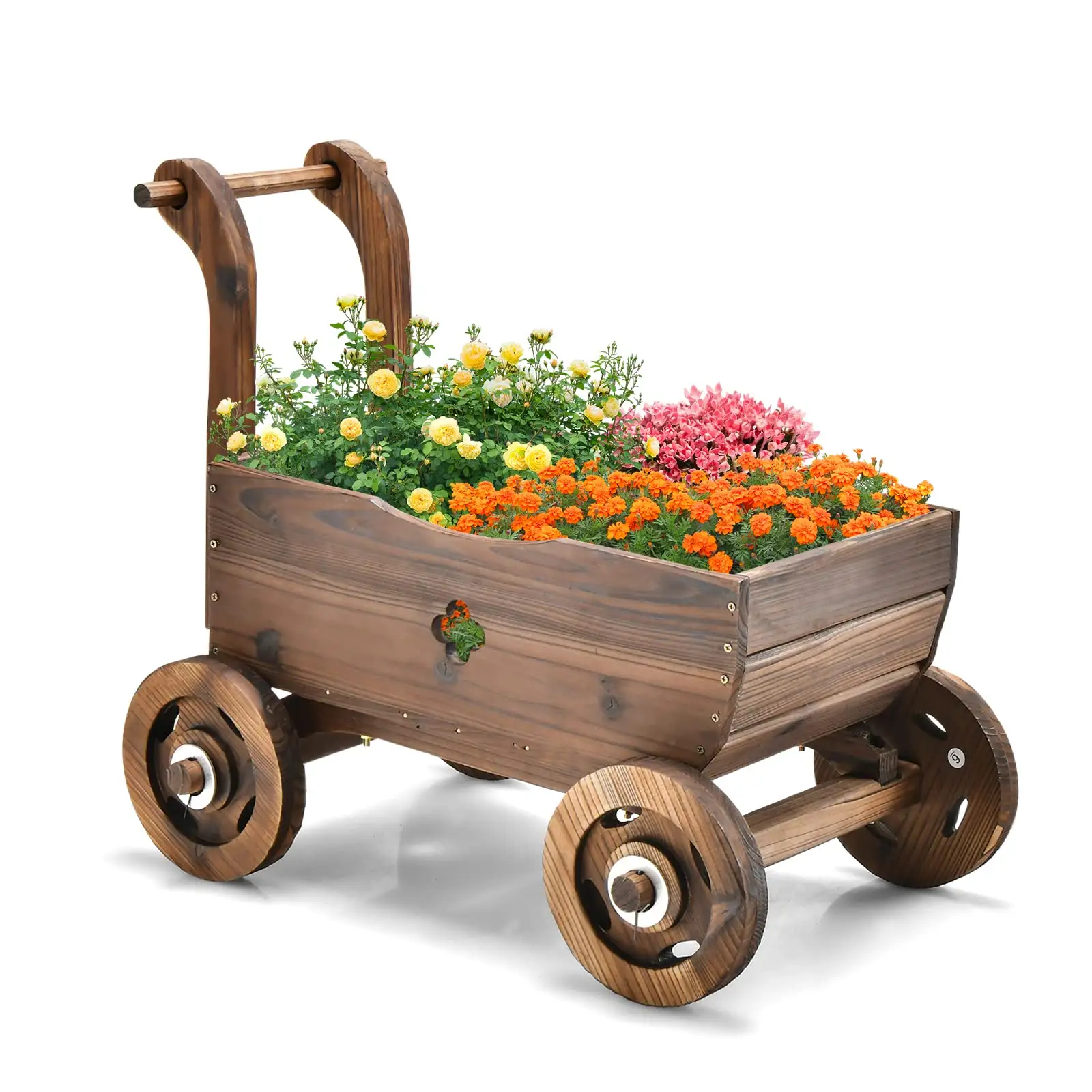 Bloemplanterwagen, 4-wielen Houten Tuinwagen Beweegbare Bloempot Houder Trolley Indoor Buiten Verhoogd Plantenbed
