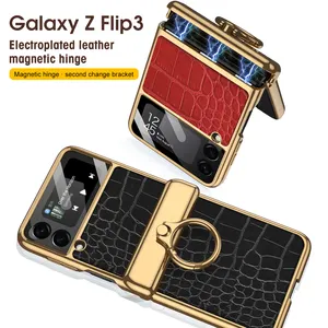 Magnetic Hinge Case For Samsung Galaxy Z Flip 4 Flip 5 Case Ring Holder Stand Plating Leather Cover for Samsung Z Flip 4 Flip 5