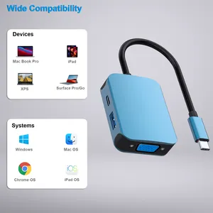 USB C 허브 사용자 정의 4 in1 멀티 포트 어댑터 USB C와 HDMI VGA USB 3.0 및 60W 전원 공급 장치