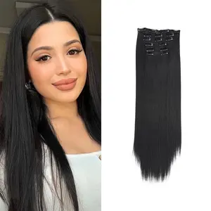 Clip in Hair Extension 24 Inch Black Long Straight 6PCS Hairpieces for Women Thick Synthetic Fiber Double Weft Hair Full Head