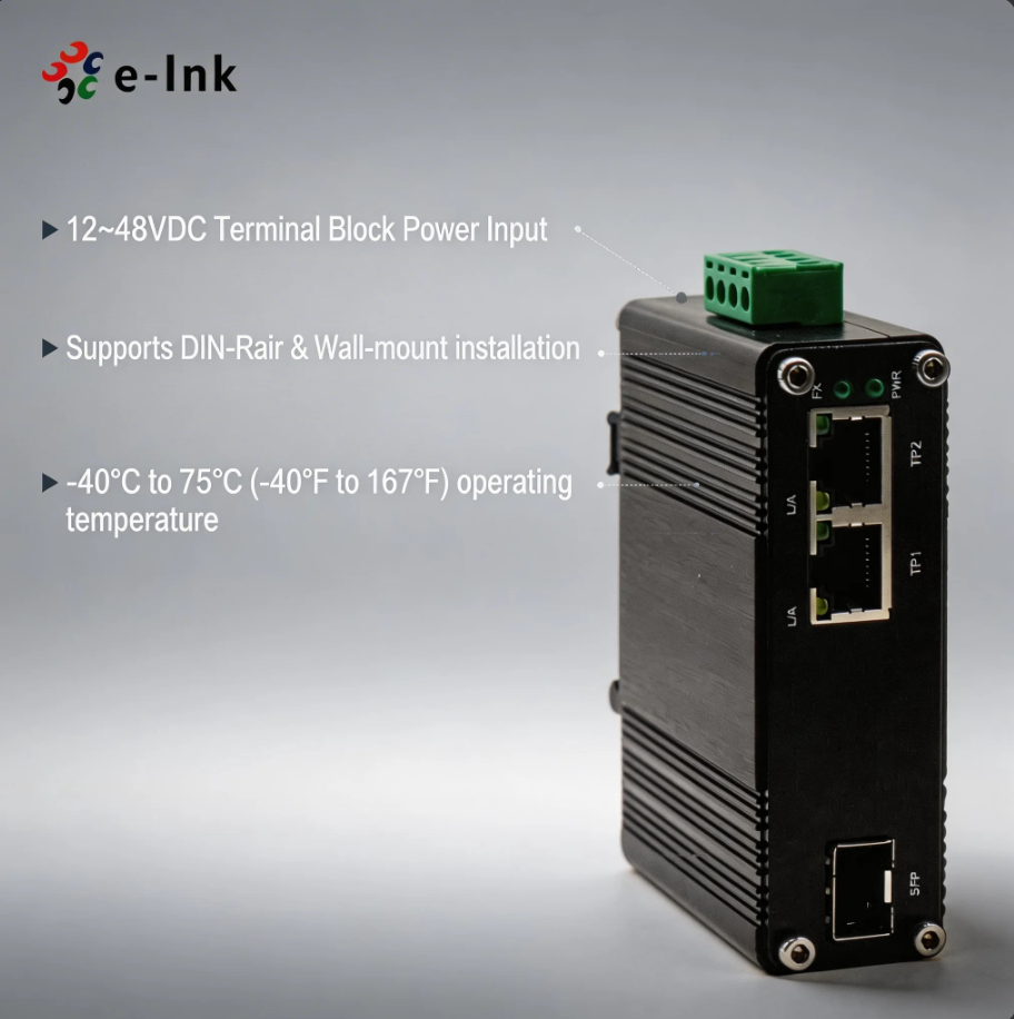 Mini Industrial Media Converter 2-Port Gigabit to 1 SFP Fiber 12-48VDC Wide Temperature