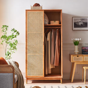 Armoire de rangement autoportante de luxe en bois massif et rotin avec cannage naturel, mobilier de chambre côtier pour vêtements - Product Image 4