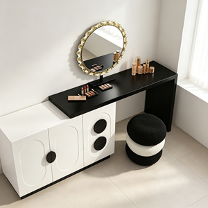 Ensemble de coiffeuse moderne avec miroir rond, armoire blanche et tabouret noir, table de maquillage pour chambre à coucher - Product Image 3