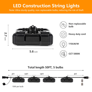 18/3 SJTW Heavy Duty 50FT 90W 9900 Lumen Construction String Light ETL Listé LED Work String Light Éclairage temporaire à vendre - Product Image 2