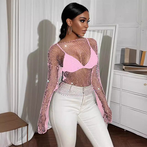 Moda mujer desgaste cuello redondo manga larga <span class=keywords><strong>Camiseta</strong></span> Top mujer Sexy diamantes <span class=keywords><strong>de</strong></span> imitación Fishnet blusa interior camisa <span class=keywords><strong>de</strong></span> fondo verano - Product Image 4