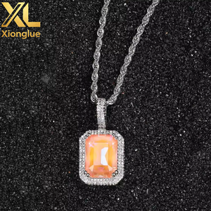 Collier Bling Bling inspiré du hip-hop, plaqué argent, avec zircon cubique rose vif taille émeraude et halo pavé, très attrayant - Product Image 2