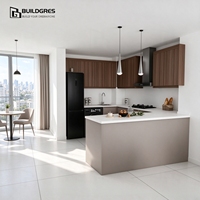 Meubles de cuisine modernes modulaires en bois ignifuges en forme de U bicolores, intégrés multi-appareils, avec îlot compact