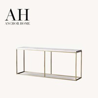 Table console moderne en verre de qualité supérieure avec cadre en laiton, séparateur central, deux compartiments ouverts, profil fin, pour salon, OEM/ODM personnalisé
