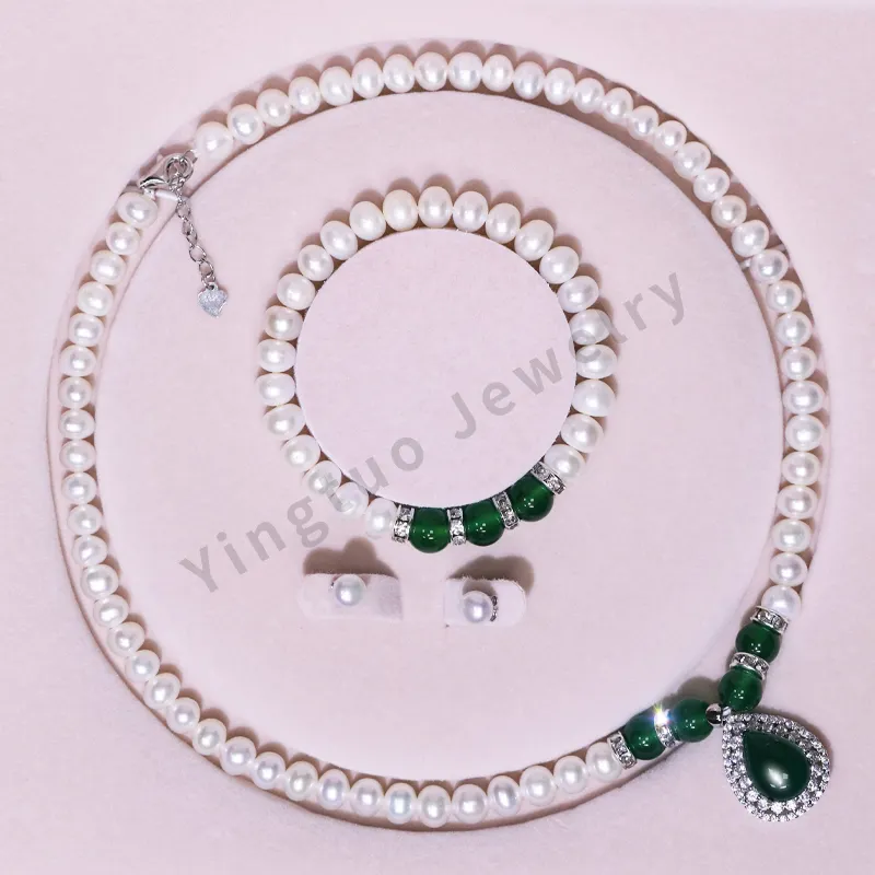 Collier en perles d'eau douce, bon marché, avec bracelet et boucles d'oreilles en jade, cadeau de fête des mères