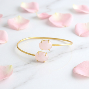 Pulsera Ajustable de Calcedonia Rosa de Moda al por Mayor, Bañada en Oro de 18k, con Doble Piedra Engastada, Joyería de Brazalete Abierto - Product Image 2