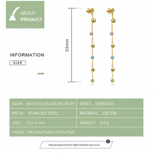 Boucles d'oreilles pendantes multicolores en zircon, acier inoxydable plaqué or 14 carats sous vide, longue chaîne linéaire, bijoux - Product Image 3