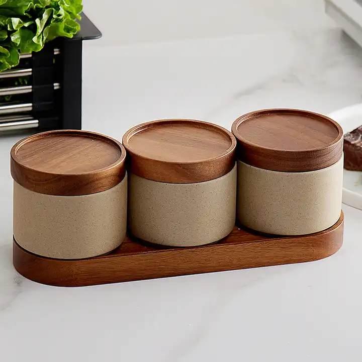 Bulk Ceramic Spice Jars With Bamboo Lids For Kitchen