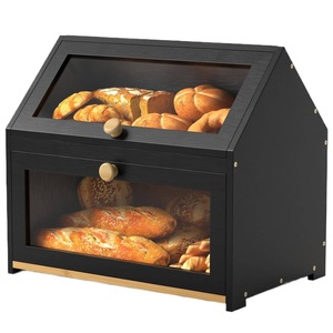 Boîte à pain à double couche en bois massif noir avec porte en verre pour la cuisine et la boulangerie - Product Image 2