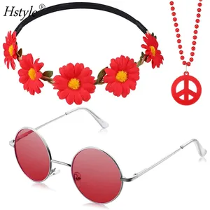 3pcs Red Hippie Party Costume Set includes Peace Sign Bead Necklace Flower Headband Hippie Sun Eye Glasses Party Costume HS1418