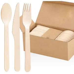 Disposable Wooden Bamboo Cutlery Utensil Spoon Knife Fork Kitchen Set