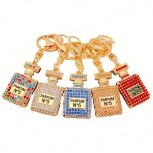 Porte-clés de luxe coloré en forme de flacon de parfum, entièrement orné de diamants, brillant, pour voiture - Product Image 1