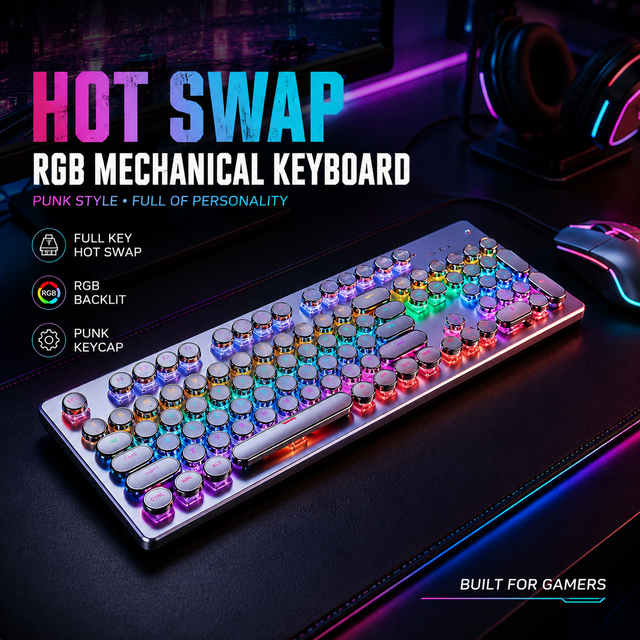 Wired RGB Mechanical Gaming Keyboard Full Key Hot Swap Punk Style Keyboard for Desktop Laptop