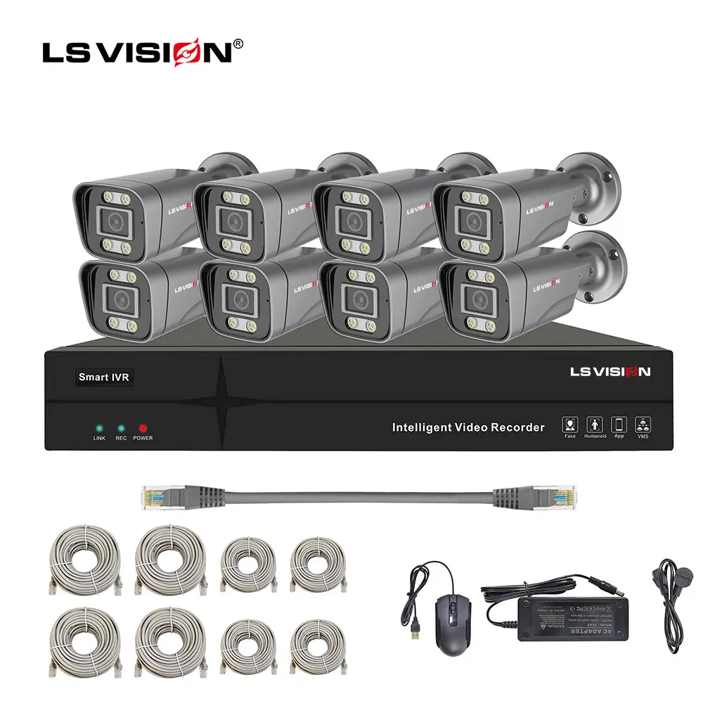 LS VISION CCTV 8mp 4K Poe NVR Kit de 8 canales 4CH seguridad en el hogar AI Alert intercomunicador de Voz bidireccional versión nocturna al aire libre cámara IP
