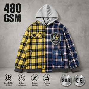 เสื้อแจ็คเก็ตผ้าสักหลาดลายสก็อตมีฮู้ดสำหรับผู้ชาย 480GSM ผ้าฝ้ายทรงปกติ สวมใส่สบายๆ ในฤดูใบไม้ร่วง ดีไซน์กระเป๋าโลโก้ด้านหน้า - Product Image 1