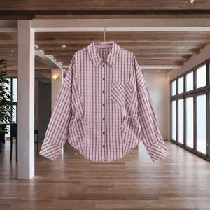 เสื้อเชิ้ตแขนยาวลายสก็อตสำหรับผู้หญิง ทรงหลวม ปกคอปก ติดกระดุม มีกระเป๋าและรายละเอียดการผูกโบว์ - Product Image 2