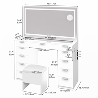Ensemble coiffeuse et tabouret avec miroir LED 3 couleurs, luminosité réglable, plateau en verre, 11 tiroirs, bureau de maquillage blanc