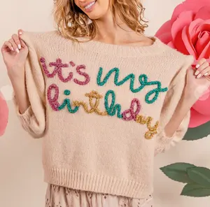KD Knitwear Manufacturer Custom OEM ODM Metallic Letter Short Puff Sleeve Top Pullover Queen Of Sparkles Sweater