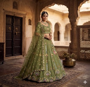 Conjunto de Lehenga Bordado Olive Bloom para Mujer, Traje Étnico para Bodas y Fiestas con Dupatta, Estilo Moderno, Secado Rápido, Sin Arrugas - Product Image 1