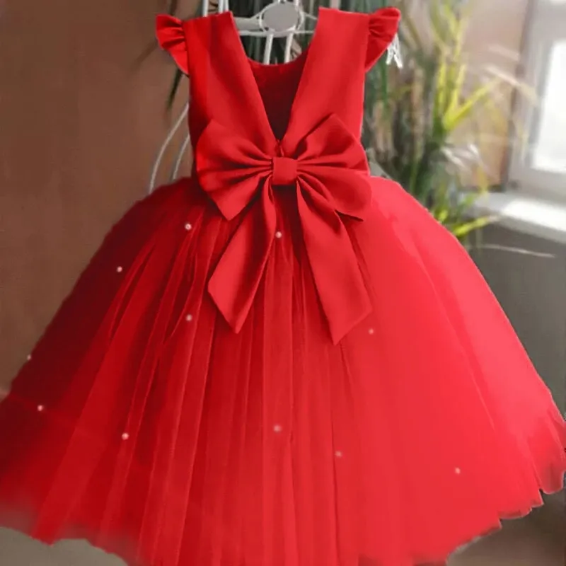 Red Big Large Bow Toddler Kids 1st Birthday Party Gown Elegant Princess Xmas Tutu Baby Girl Wedding Prom Dresses