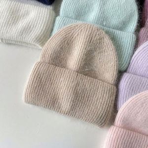 Wholesale Solid Color Angora Rabbit Fur <b>Winter</b> Cap Custom Logo Women Men Fisherman Classic Cuffed Ski Style Knitted Beanies Hat - Product Image 2