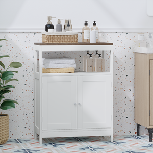 Armoire de rangement moderne à double porte, étagère réglable, dessus en bois naturel, armoire de salle de bain - Product Image 3