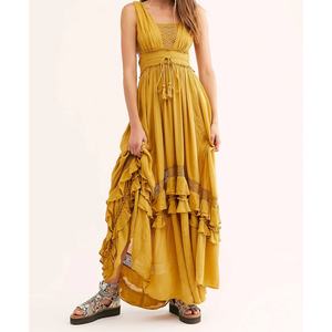 เดรสยาวทรงเอไลน์สำหรับผู้หญิง ตกแต่งด้วยผ้าลูกไม้ถักโครเชต์ เหมาะสำหรับฤดูร้อน คอวี ผ้าฝ้ายเครป ลินิน สไตล์ลำลอง เอวธรรมชาติ รับผลิตตามแบบ OEM - Product Image 1