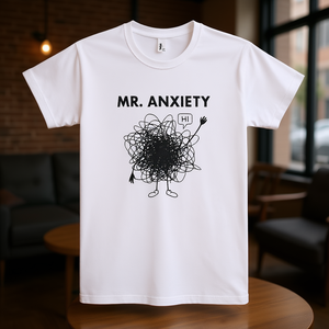T-shirt Mr. Anxiety bianca unisex con scollo rotondo, maglietta promozionale - Product Image 3