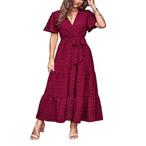 2024 Womens Boho Swiss Dot Maxi Dresses Wrap V Neck Flutter Short Sleeve Solid Tie Belt A Line Tiered Flowy Long Dresses