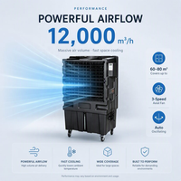 Refroidisseur d'air évaporatif mobile sur roulettes noir 12000 CMH, réservoir d'eau 60L, ventilateur de refroidissement d'air commercial facile à déplacer pour atelier