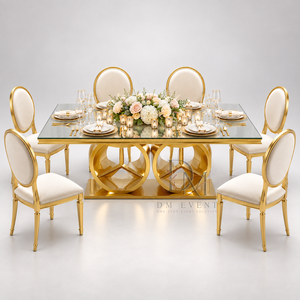 Table de salle à manger élégante en acier inoxydable avec plateau en verre miroir et base à double anneau pour événements et banquets - Product Image 2
