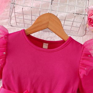 Abito estivo da ragazza a maniche corte in tulle con stelle e inserti a tinta unita per bambine - Product Image 3