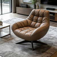 Fauteuil Lounge Nordique en Cuir Marron, Canapé Simple, Fauteuil Pivotant Confortable, Fauteuil Club à Dossier Haut, Ensemble de Meubles de Lecture Rembourrés