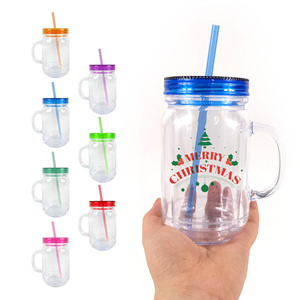 USA Kho 20Oz Acrylic Snowglobe Pre-Khoan Mason Jar Rõ Ràng Soda Có Thể Đôi Tường Tuyết Globe Cốc Với Màu Có Nắp Đậy Và Rơm - Product Image 1