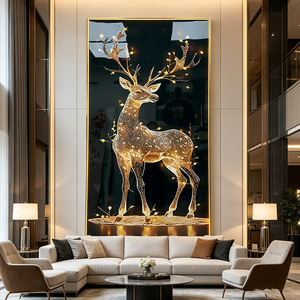 Factory Custom Golden Deer Acrylic Wall Art With Backlight Gold Frame Rectangle Home Decoration LED <b>Crystal</b> Porcelain Painting - Product Image 2