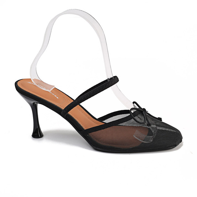 Fashion Women Summer Sheer Mesh Bow Knot Slingback Pumps Pointed Toe Kitten Heel Elegant Shoes for Office Party Wedding