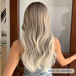 Pelucas Sintéticas Largas y Onduladas con Flequillo, Color Rubio Degradado a Marrón, Precio de Fábrica al por Mayor para Mujeres, Cabello Postizo Natural Resistente al Calor - Product Image 4