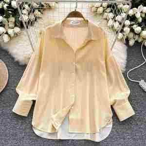 Blusas casuales de manga larga con cuello vuelto ancho para mujer, camisas a rayas tejidas con cuentas, tops transpirables antiarrugas al por mayor - Product Image 3
