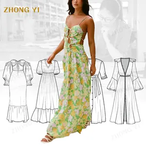 High Quality Custom Summer Clothing Print Sexy Floral Hollow Out Long Dress Ladies Flowy Sandbeach Sun Casual Maxi Women Dresses