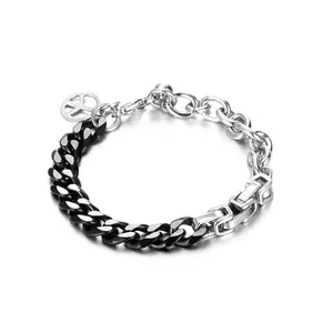 7FLOWER Hip Hop Style Trendy Chic Silver Stainless Steel Bangle Jewelry Cool Personality Chunky Cuban Chain Peace Sign Bracelet