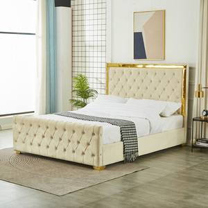 Tête et <span class=keywords><strong>pied</strong></span> <span class=keywords><strong>de</strong></span> <span class=keywords><strong>lit</strong></span> modernes en éponge douce capitonnée, <span class=keywords><strong>lit</strong></span> Queen Size avec cadre doré - Product Image 3