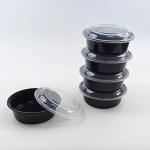 12oz 15oz 24oz 30oz 37oz 44oz Meal Prep Food Storage Disposable Black Round Plastic Food Container Lunch Box Bowl With Lid