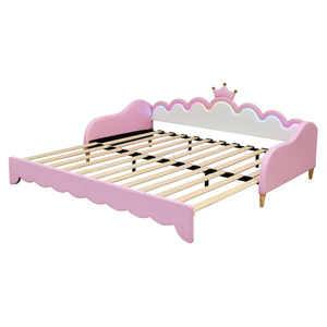 Modern Twin Extending Daybed with LED Lights, Modern Upholstered Princess Daybed With Crown Headboard Pink for Hotel Use - Product Image 5