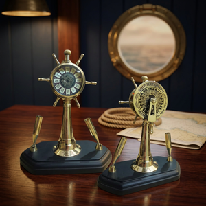 Vintage Brass Ship <b>Wheel</b> Desk Clock Handmade Nautical <b>Table</b> Clock Maritime Decor with Metal Base Battery Operated - Product Image 3